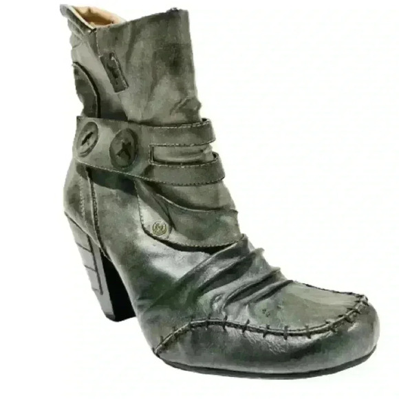 MUSTANG BOOTS GREEN  DISTRESSED LEATHER ROUND SQUARE TOE ANKLE BOOTIE SIZE 41 - Picture 4 of 17